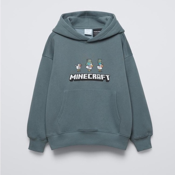 ZARA MINECRAFT MOJANG AB HOODIE SWEATSHIRT Blue Gray NWT Kids Size 9 - 10 - Picture 1 of 11